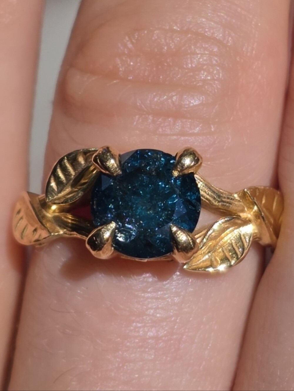 22K Solid Yellow Gold Floral Ring | 1.58 Ct Natural Color-Enhanced Blue Diamond